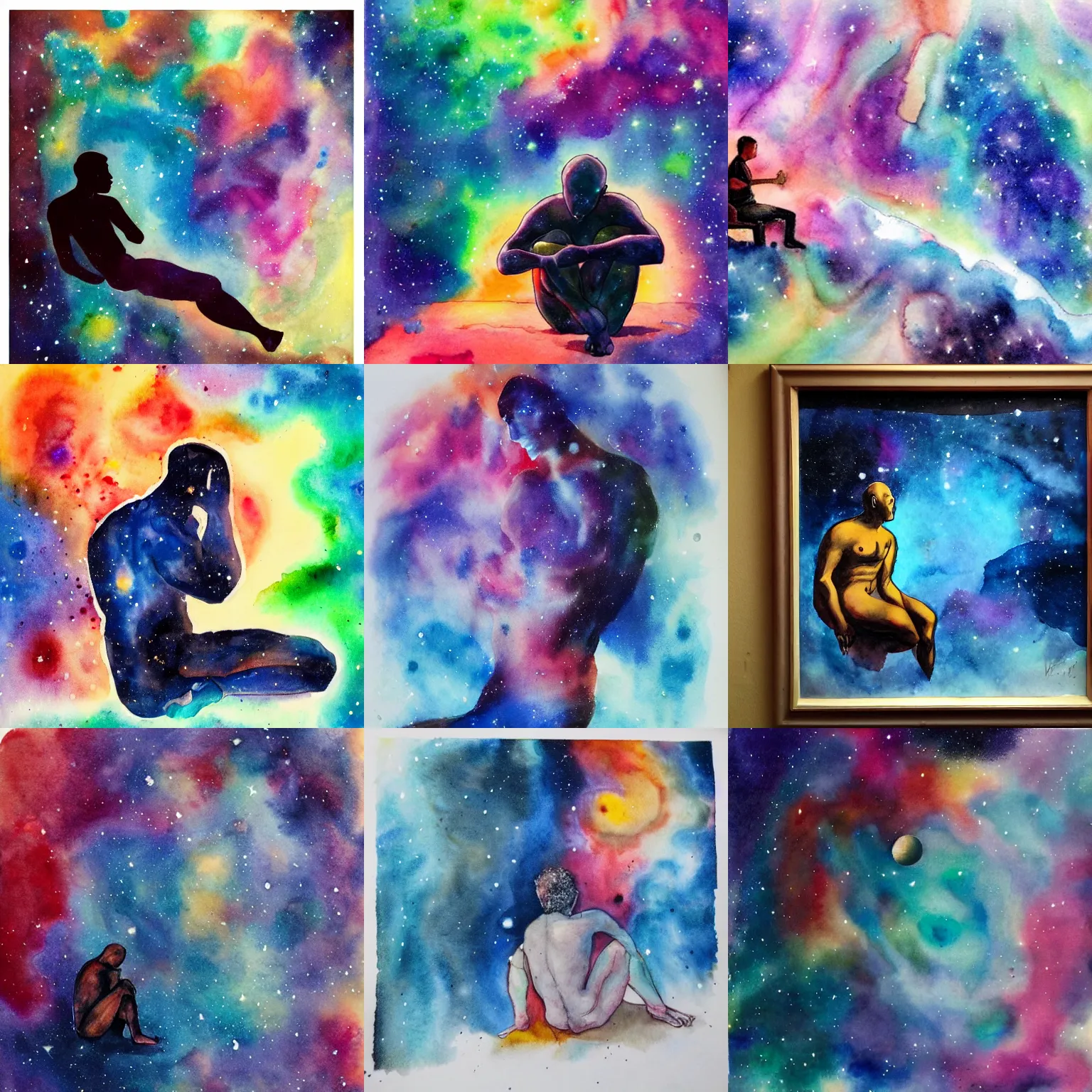 Prompt: man thinking about the universe, nebula in form of a man sitting, aquarelle, colorful