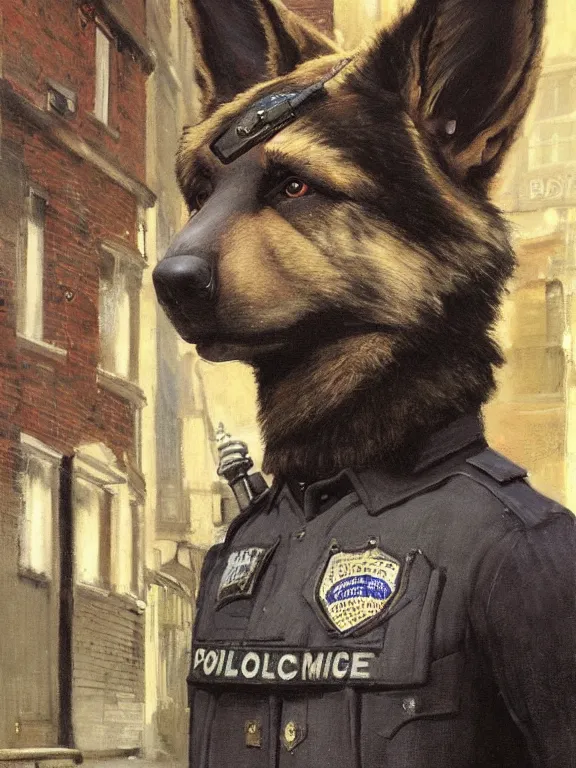 Image similar to new york city portrait of furry anthro anthropomorphic german shepard head animal person fursona wearing clothes nypd traditional police uniform in the alley, sunny day, digital art by Nerdrum John, William Waterhouse, Winslow Homer, Alex Heywood, Jordan Grimmer, Darren Quach, Greg Rutkowski, Simon Stalenhag, trending on Artstation, CGSociety