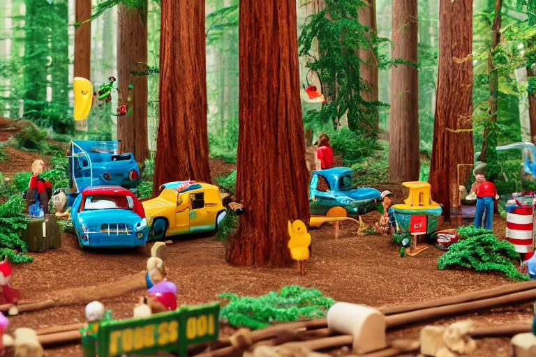 Image similar to fisher price redwood forest, california scene from tv show hyper detailed 5 5 mm 8 5 mm, toy photography, plastic coated