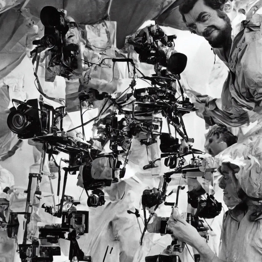 Prompt: a 1960s portrait photo of Stanley Kubrick on a movie set of the moon, 8K HD, old photo, highly detailed