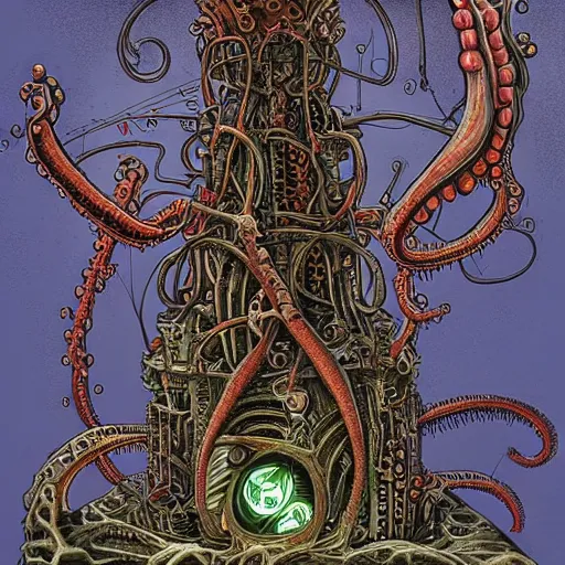 Image similar to lovecraftian biomechanical machine-tower with fleshy tendrils and eyeball at top overlooking dystopian wasteland, highly detailed, colorful with red hues