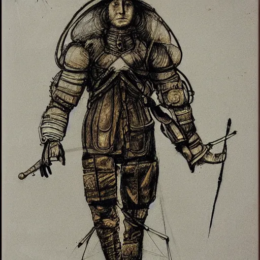 Image similar to steampunk flight suit, Leonardo da Vinci sketch,