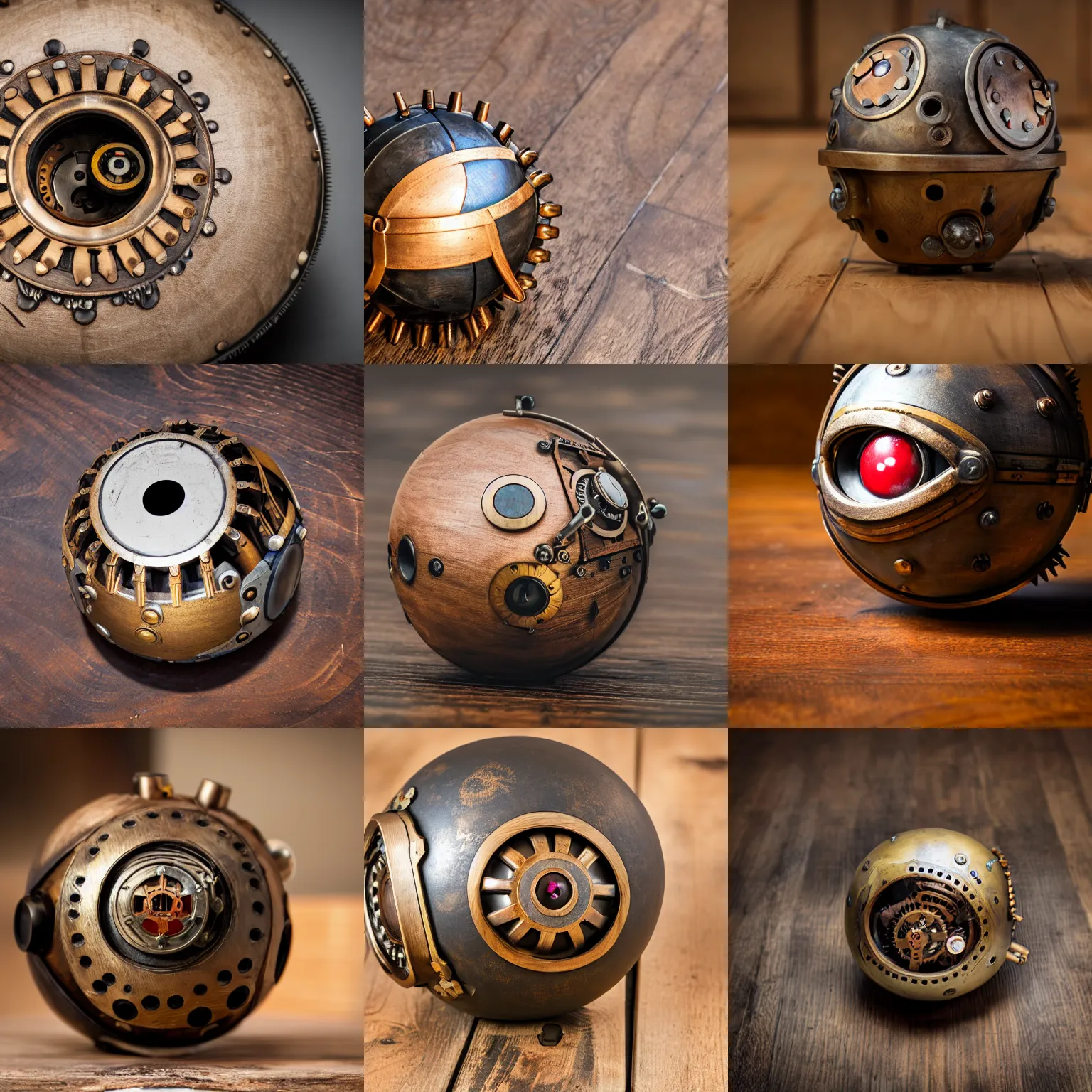 Prompt: a studio photograph of a steampunk pokeball with bronze gears and small wooden inlays laying on wood grain, xf iq 4, 1 5 0 mp, 5 0 mm, f 1. 4, iso 2 0 0, 1 / 1 6 0 s, natural light, adobe lightroom, photolab, affinity photo, photodirector 3 6 5