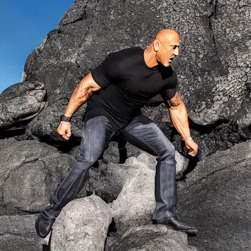 Image similar to dwayne johnson singing in a rock concert and standing on a rock