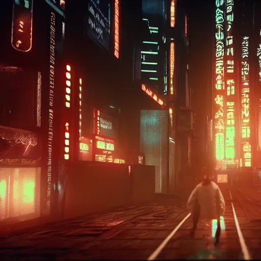 Image similar to . diffusion movie shot from blade runner, cyberpunk, journey across the urban district | neverland and the gateway between dreams by blade runner, rendered in unreal engine