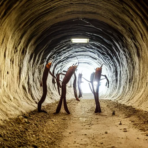 Image similar to cinematic photo of humans wearing realistic ant costumes in an underground dirt tunnel. several tunnel exits lead off in different directions. at the side of the tunnel are very large white pulsating ant larvae.