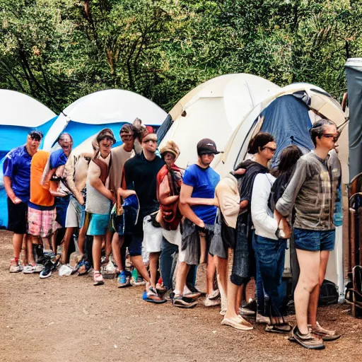 Image similar to people waiting in line before a toilet on a camping