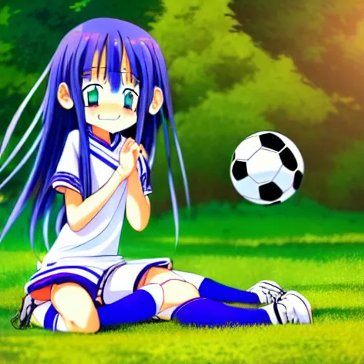 Prompt: A cute young anime girl with long blueish indigo hair, wearing a white soccer uniform with shorts, has a soccer ball between her legs, in a large grassy green field, there is a cat next to her, shining golden hour, she has detailed black and purple anime eyes, extremely detailed cute anime girl face, she is happy, child like, Japanese shrine in the background, Higurashi, black anime pupils in her eyes, Haruhi Suzumiya, Umineko, Lucky Star, K-On, Kyoto Animation, she is smiling and happy, tons of details, sitting on her knees on the grass, chibi style, extremely cute, she is smiling and excited, her tiny hands are on her thighs, she has an extremely expressive face