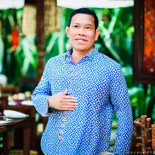 Image similar to A Photo Portrait of Joe Wearing Indonesian Batik Tulis at a fancy Balinese restaurant, award winning photography, sigma 85mm Lens F/1.4, blurred background, perfect faces