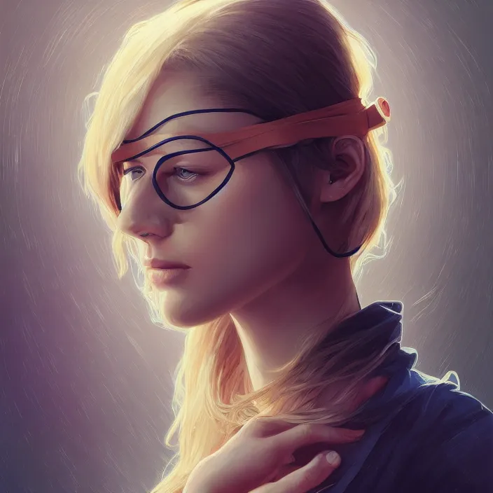 Image similar to blindfold handsome young women with shoulder length blonde hair, symmetrical, half body shot, path traced, highly detailed, high quality, digital painting, alena aenami, lilia alvarado, shinji aramaki, karol bak, alphonse mucha, tom bagshaw