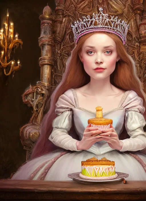 Image similar to highly detailed closeup, low - poly hands, portrait of a fairytale medieval princess wearing a crown and sitting on a throne eating cakes, unreal engine, nicoletta ceccoli, mark ryden, earl norem, lostfish, global illumination, god rays, detailed and intricate environment