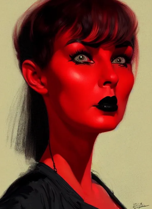 Image similar to portrait of a woman with a crooked nose and a confident expression, 1 9 6 0 s, red clothes, goth, punk, brightly coloured hair, funk, intricate, elegant, highly detailed, digital painting, artstation, concept art, smooth, sharp focus, illustration, art by wlop, mars ravelo and greg rutkowski