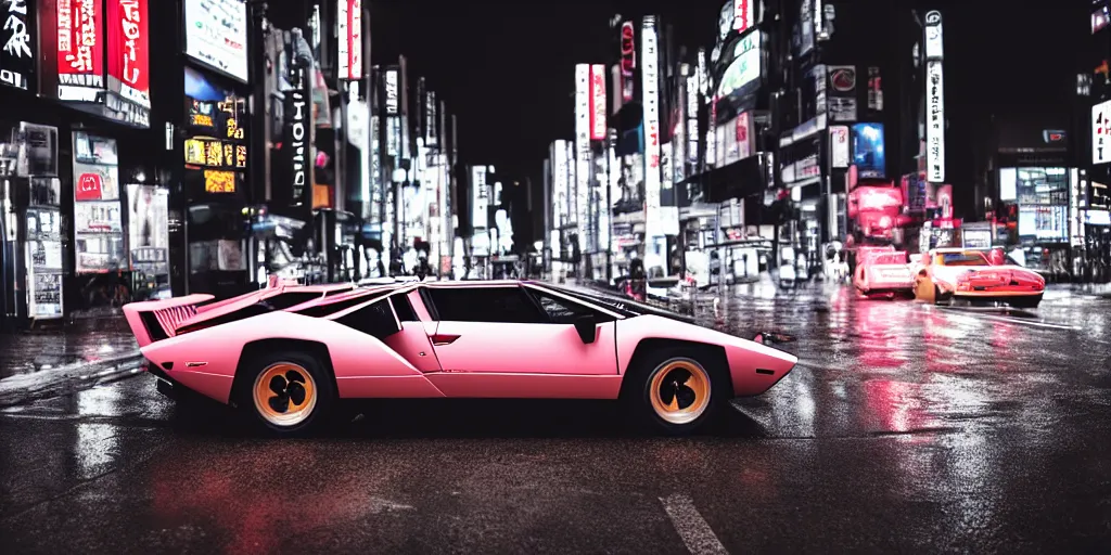 Prompt: photograph of a lamborghini countach parked in a rainy wide tokyo street at night with neon light signs illuminating the scene, sharp focus, highly detailed, ray tracing, cinematic, moody, hdr, 4 k, incredible detail