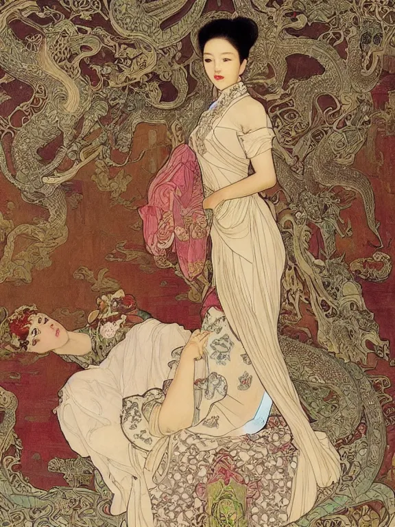 Image similar to an art nouveau painting of a pretty young zhang ziyi, dressed in a traditional, modest chinese intricately embroidered silk gown with a high collar, in front of a carved screen showing a tiger and a dragon, intricate, detailed, smooth, complex, elaborate, by alphonse mucha and james gurney and john william waterhouse