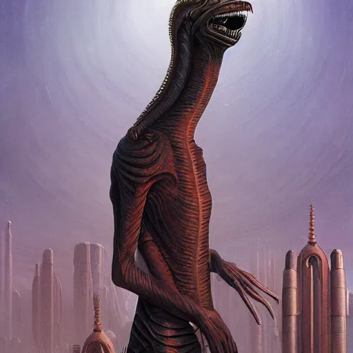 Image similar to portrait of tall, long-necked lipless mutant with scaled face and serpent eyes wearing gauze toga and standing in cyberpunk art deco mosque, alien bestiary by Barlowe, Greg Rutkowski, and Yoshitaka Amano