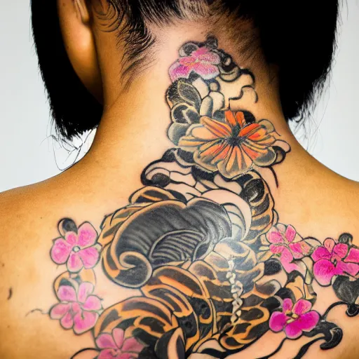 Prompt: photography of the back of a woman with a black detailed irezumi tatto representing a gold tiger with pink flowers on her entire back, mid-shot, editorial photography