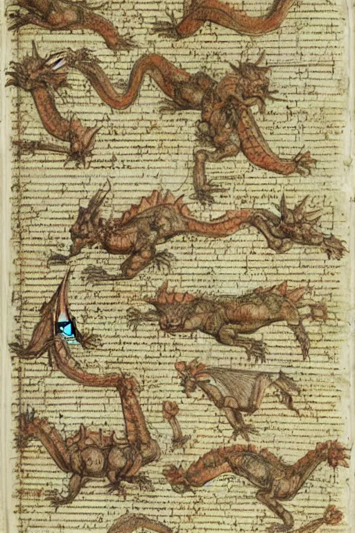 Image similar to manuscript page with diagrams of dragons by leonardo da vinci, sketches, scientific studies, anatomy studies, academic art, intricate