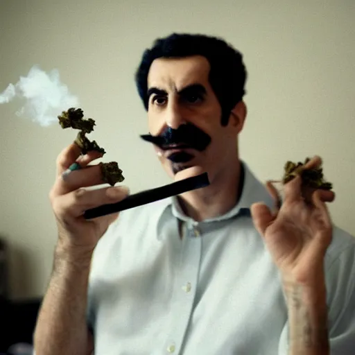 Image similar to A portrait of borat sagdiyev smoking a rolled marijuana joint, 8k, award winning