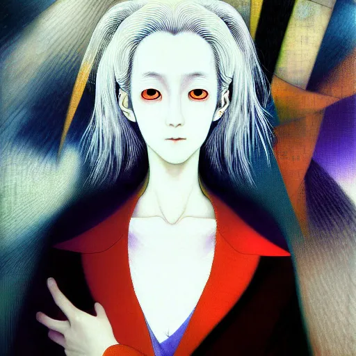 Image similar to yoshitaka amano blurred and dreamy realistic portrait of a woman with white hair and black eyes wearing dress suit with tie, junji ito abstract patterns in the background, satoshi kon anime, noisy film grain effect, highly detailed, renaissance oil painting, weird portrait angle, blurred lost edges, three quarter view