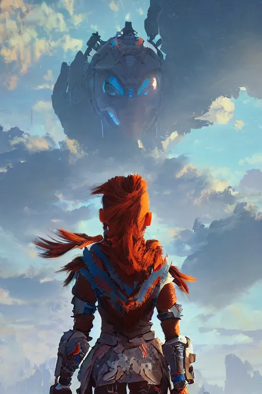 Image similar to combination suit armor aloy horizon forbidden west horizon zero dawn radiating a glowing aura global illumination ray tracing hdr fanart arstation by ian pesty and alena aenami artworks in 4 k tribal robot ninja mask helmet backpack