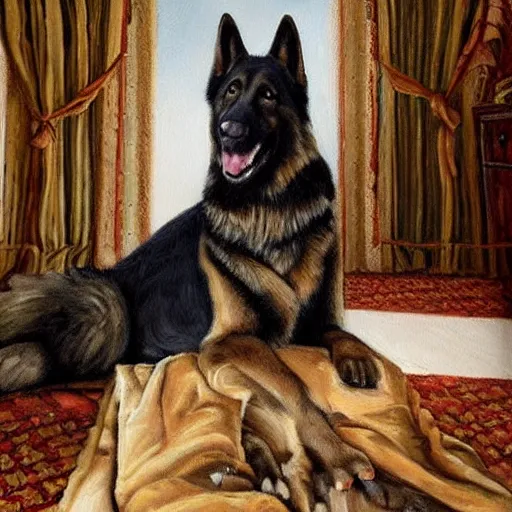 Image similar to a oil painting of a humanoid german shepherd beast - man, wearing military outfit, sitting on the carpeted floor beside a bed