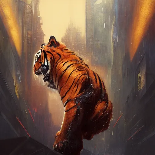 Image similar to hyperrealistic portrait of an athropomorphic tiger wearing heavy combat red - blue armor, bladerunner street, art of elysium by jeremy mann and alphonse mucha, fantasy art, photo realistic, dynamic lighting, artstation, poster, volumetric lighting, very detailed face, 4 k, award winning, cinematic lighting, deviantart, artstation, cg society