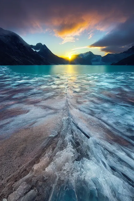 Prompt: a sea landscape by marc adamus, glacial, sunset