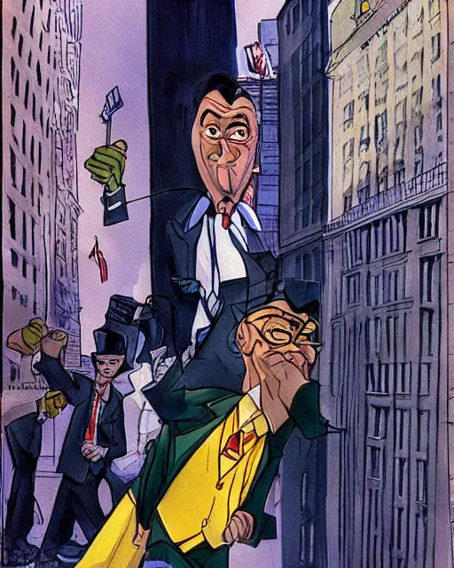 Image similar to sinister smug male antagonist in suit, uptown'wall street'city street, artwork by ralph bakshi