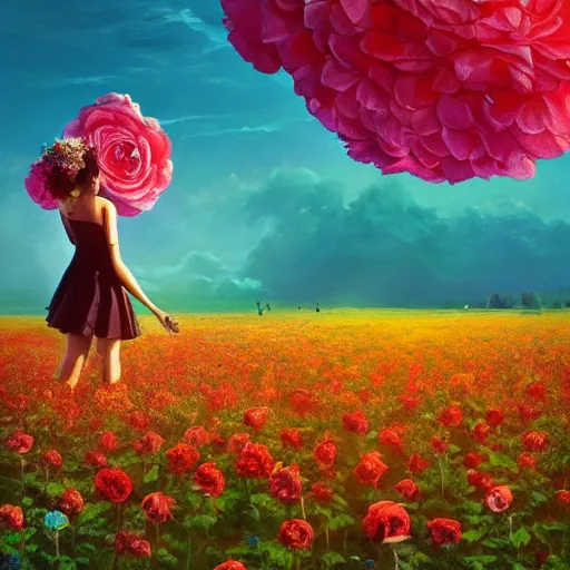 Image similar to giant rose flower head, full body girl standing in a flower field, surreal photography, sunrise, dramatic light, impressionist painting, colorful clouds, digital painting, artstation, simon stalenhag