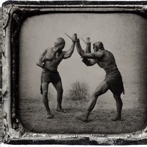 Image similar to spartan man and viking fistfighting, brutal, daguerreotype photograph