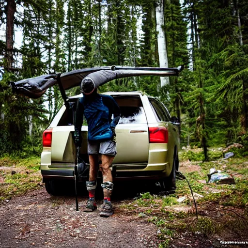 Prompt: hiker unloading the car before camping, style by roman shipunov