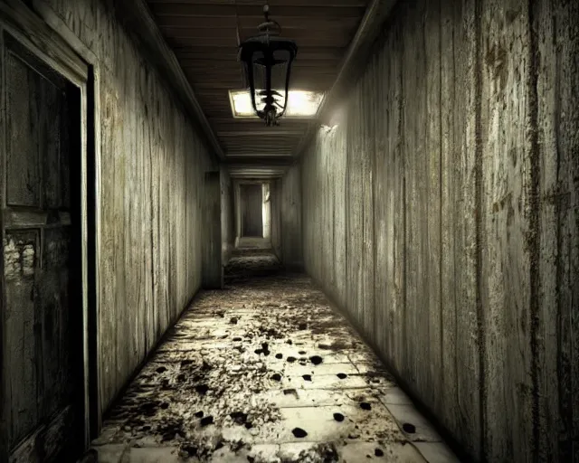 Image similar to Resident Evil 7, American gothic interior, wooden floor, atmospheric, nighttime scene, photorealistic narrow hallway with broken windows, horror