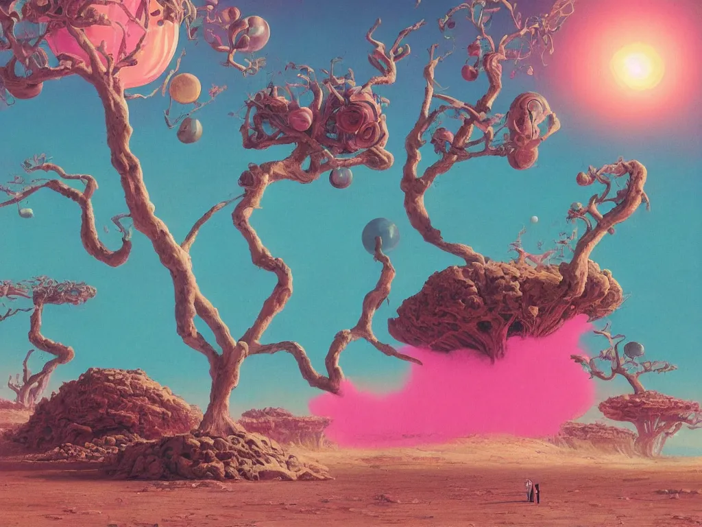 Image similar to a pink tree in a desert surrounded by an ocean on a strange planet, by bruce pennington, by sam freio, by thomas rome, by victor mosquera, juxtapoz, behance, dayglo, prismatic, iridescent