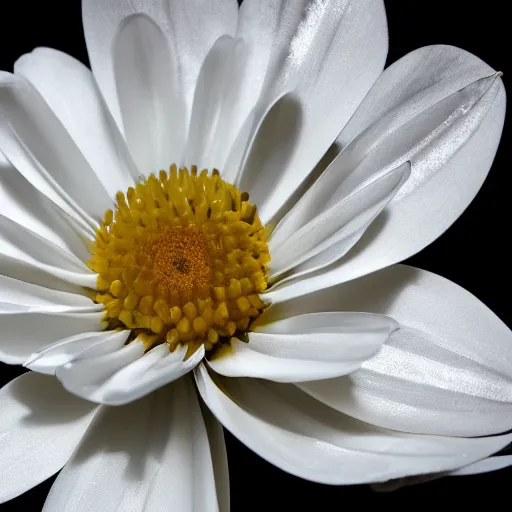 Prompt: white flower with sharp petals, metal dot inclusions in stem, smooth, silvery, contrast, side light, product shot