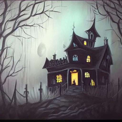 Image similar to A painting of a haunted house with Halloween decorations, Trending on artstation.