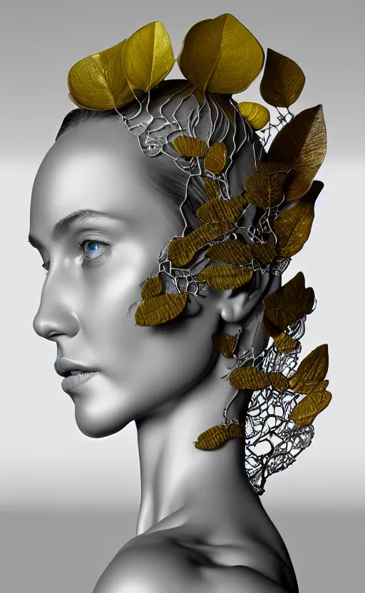 Prompt: complex 3d render ultra detailed of a beautiful porcelain profile woman face, hazel eyes, vegetal dragon cyborg, 150 mm, beautiful natural soft light, rim light, silver black details, magnolia big yellow infrared leaves and stems, roots, fine lace, maze like, mandelbot fractal, anatomical, facial muscles, cable wires, microchip, elegant, white metallic armor, octane render, black and white, H.R. Giger style