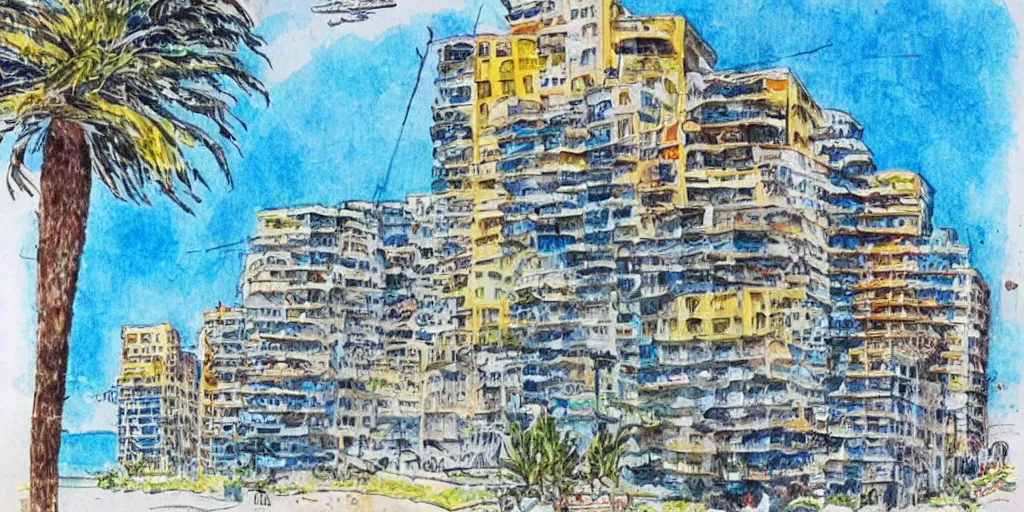 Prompt: tel aviv shoreline. dogs. bauhaus style. buildings with balconies. highly detailed. pen drawing painted with watercolors. colorful. low buildings. palm trees. blue skies