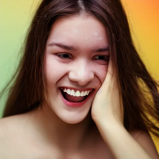 Prompt: a ultra high resolution close - up of a beautiful and seductive young woman standing in front of the camera looking down at the camera. her face is partially covered by spiders that exit from her mouth while she laughs loudly. the light is dim, and thev colours are muted. kodak etkar 1 0 0.