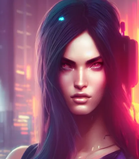 Prompt: beautiful portrait of a cyberpunk goddess who looks like Megan Fox , character design by charlie bowater, ross tran, artgerm, and makoto shinkai, detailed, soft lighting, rendered in octane