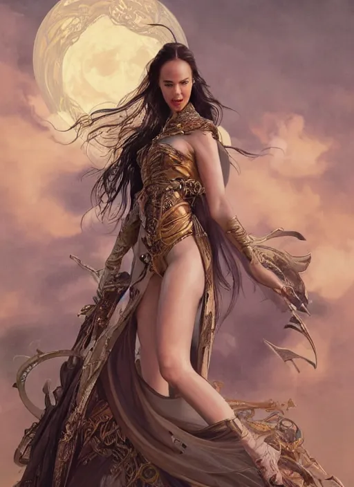 Image similar to portrait of Catriona Gray as a ever reaching swashbuckling Goddess of despair, a futuristic diety, fantasy, intricate, elegant, human anatomy, natural light, golden hour, highly detailed, digital painting, artstation, concept art, smooth, sharp focus, illustration, art by brom, tian zi and WLOP and alphonse mucha, masterpiece, 3d blender, mitch foust, Clyde Caldwell