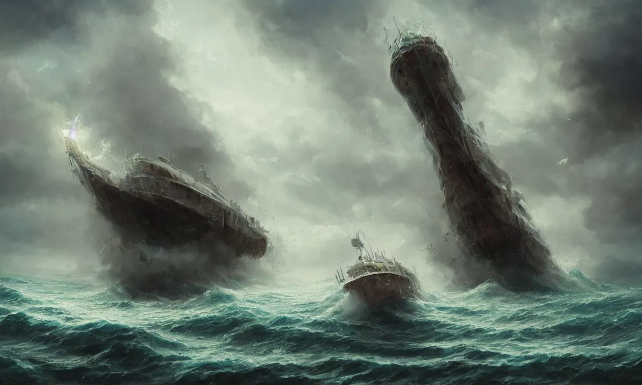 Image similar to breathtaking detailed soft painting of an empty drunk ship with mystical horrors, bathing in dreaming lactescent sea, alcohol with blue delirium skies, water drowned hurrican, elegant, highly detailed, artstation, concept art, matte, sharp focus, art by tom bagshaw, and greg rutkowski