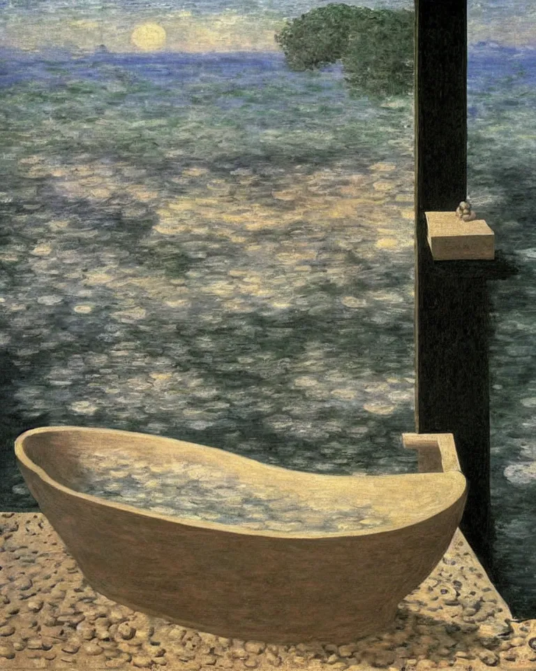 Prompt: achingly beautiful painting of a roman bathtub by rene magritte, monet, and turner. piranesi.