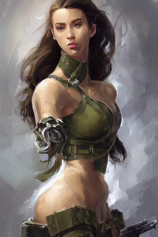 Image similar to a professionally painted portrait of an attractive young woman, clothed in military armor, olive skin, long dark hair, beautiful bone structure, symmetrical facial features, intricate, elegant, digital painting, trending on Artstation, concept art, smooth, sharp focus, illustration, from Metal Gear by Ruan Jia and Mandy Jurgens and Artgerm and William-Adolphe Bouguerea, award winning