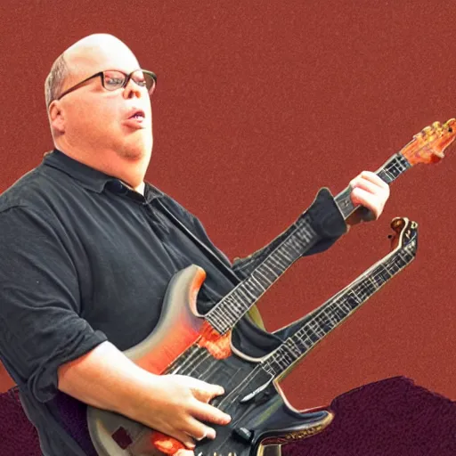 Image similar to Black Francis playing a giant piece of bacon like a guitar, illustration