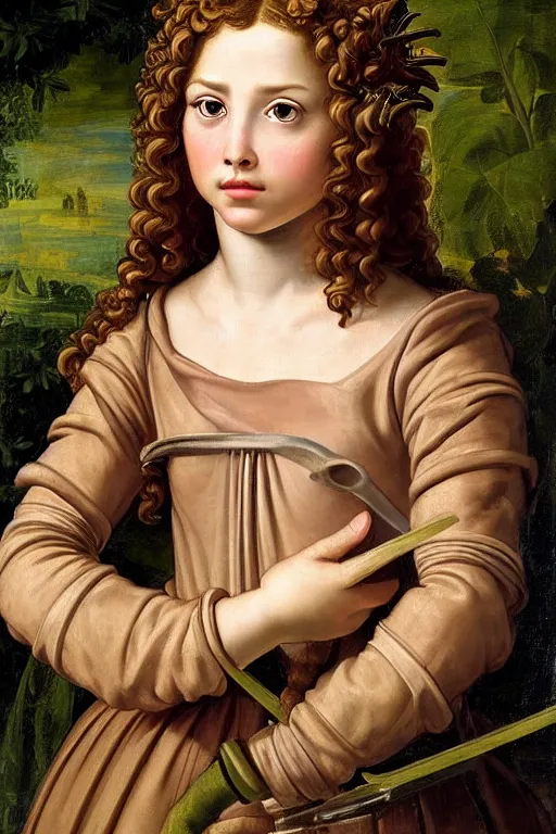 Image similar to renaissance painting of young girl soldier in the garden, closeup, curly long hair, face closeup, emotions closeup, dressed in roman armour, the beautiful garden with maple leaves everywhere, ultra detailed, art by guido reni style, vincenzo catena style