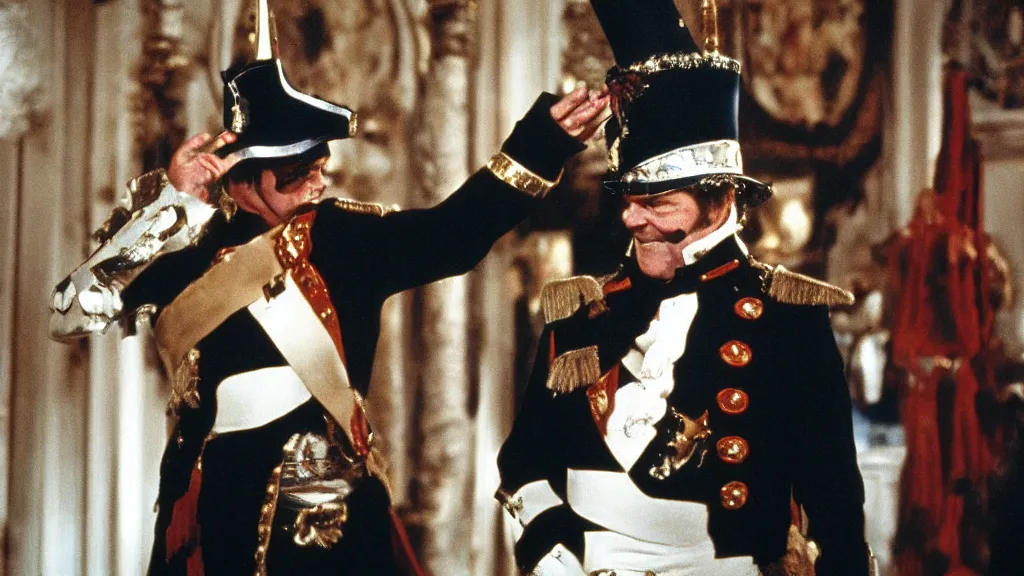 Prompt: photograph of jack nicholson as napoleon in stanley kubrick's movie of napoleon, seventies cinema, vintage, by stanley kubrick, jack nicholson as napoleon, cinematic lighting, ultra realistic, panavision, wide screen, vibrant color