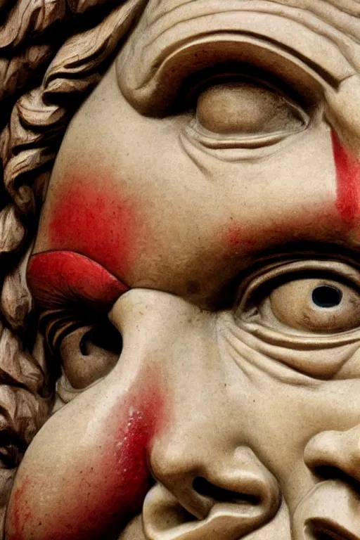 Prompt: extreme close-up portrait of crying christian statue, red tears, in style of classicism, hyper detailed