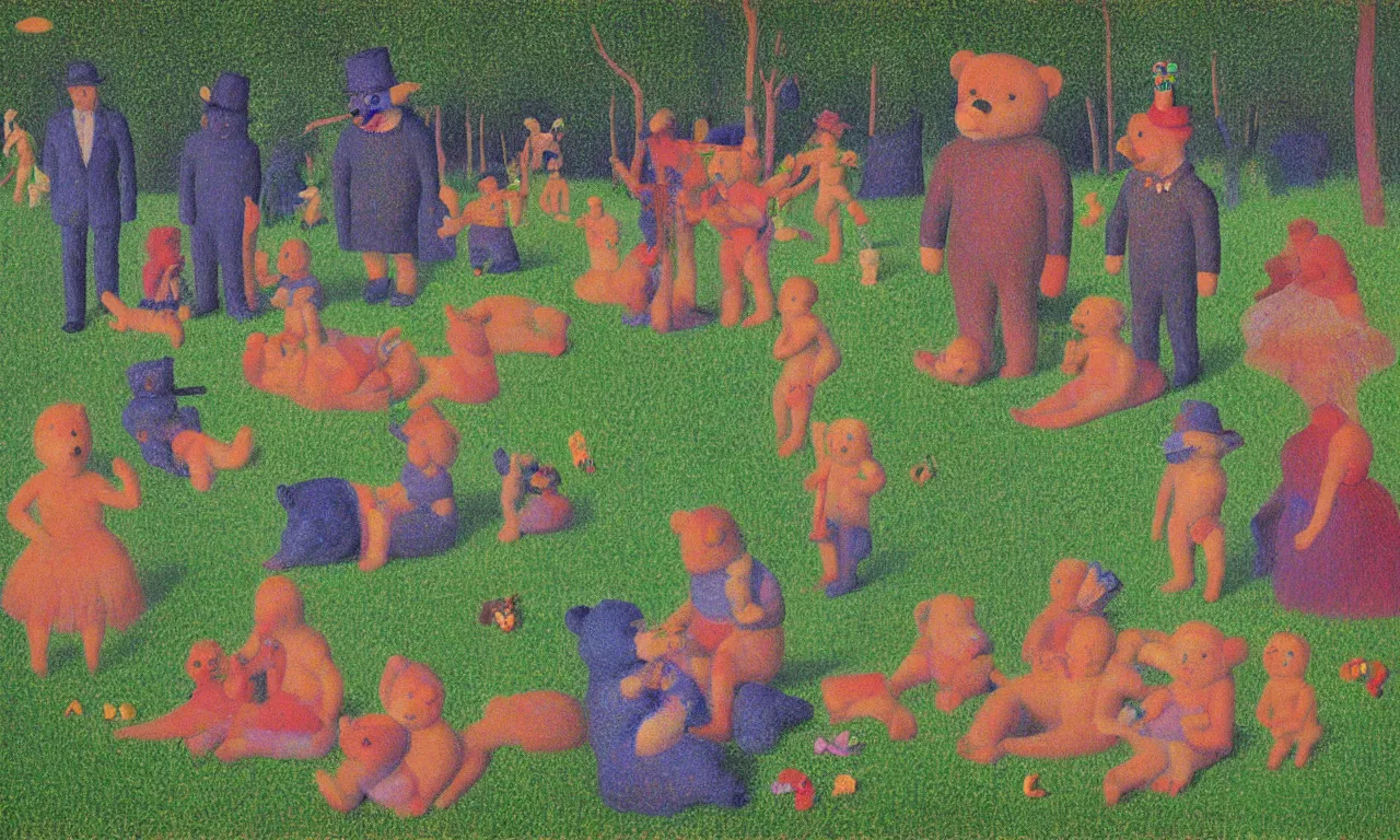 Prompt: a teddy bear birthday party, from the terrifying and incomprehensible beyond, body horror, by david hockney, seurat technicolor