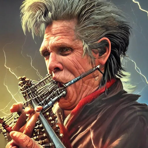 Image similar to detailed photo of a Half-orc bard portrayed by Gary Busey playing a flute, 8k,by Tristan Eaton, Stanley Artgermm, Tom Bagshaw, Greg Rutkowski, Carne Griffiths, trending on DeviantArt, face enhance, hyper detailed ,full of color, dramatic lightning, epic stance