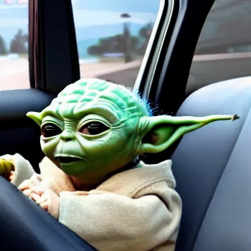 Image similar to screaming baby yoda hanging out of car window at drive thru ordering menu